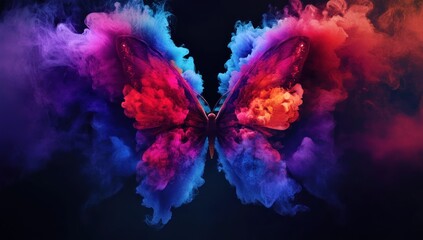 Colorful butterfly smoke art, dark background, design element