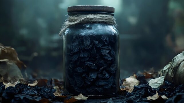 A jar filled with black objects is on a dark background