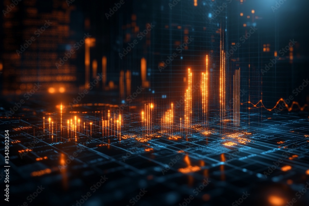 Poster Digital data visualization shows rising trends in statistical analysis and financial metrics in a darkened environment