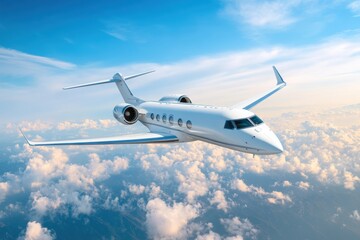 Obraz premium Private jet flying high above clouds in a clear blue sky