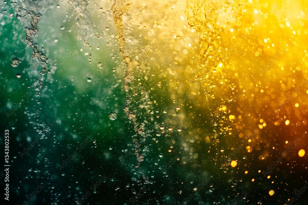 Poster colorful water droplets create a vibrant abstract background with golden hues and green tones during