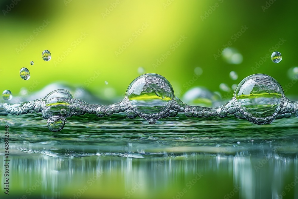 Poster water droplets form bubbles on the surface, reflecting light in a serene green environment