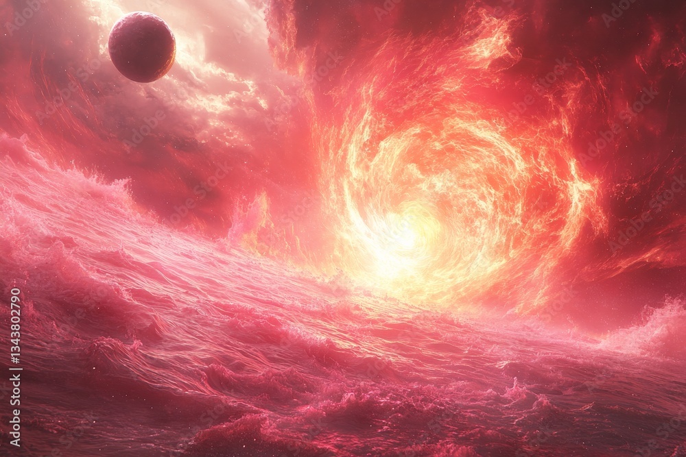 Poster vibrant cosmic landscape with swirling red clouds and a distant planet in deep space during twilight