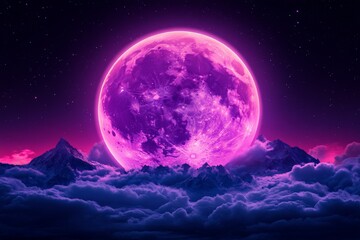Majestic purple moon rises above mountains, illuminating clouds at nighttime