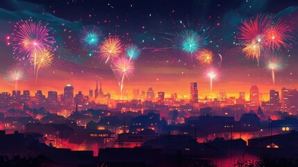 Fototapeta premium Vibrant city skyline illuminated by colorful fireworks during a festive night celebration, with silhouettes of buildings