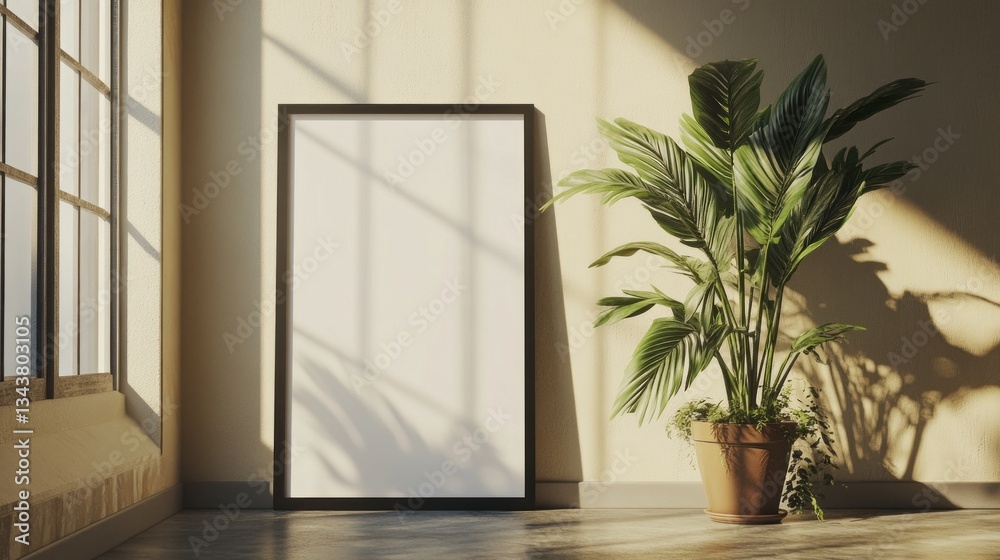 Poster soft sunlight filters through a large window, casting gentle shadows. a blank frame stands next to a