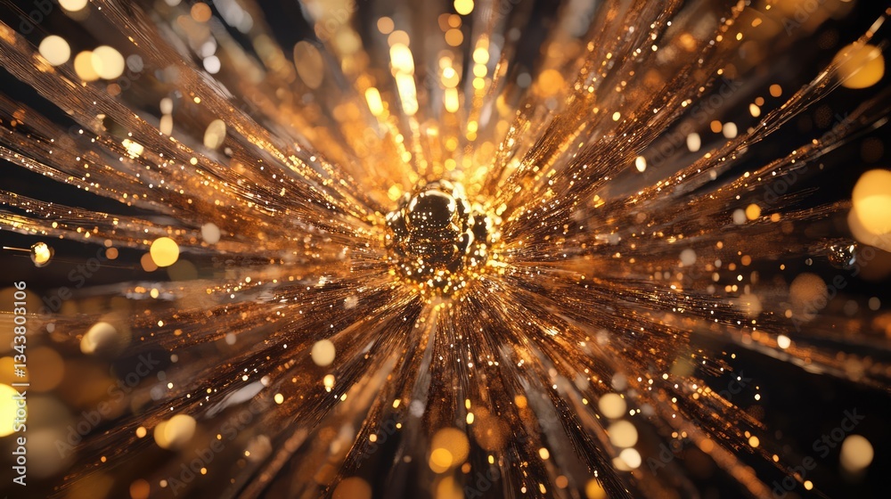 Poster abstract explosion of golden particles radiating outward, creating a dynamic visual effect with shim