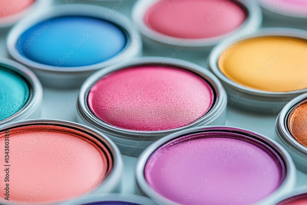 Poster vibrant colored pigments arranged in round containers on a white surface for creative projects