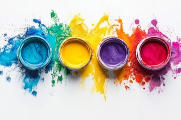 Colorful paint jars arranged in a vibrant display with splashes on a white background