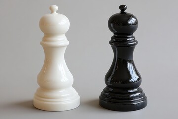 Pair of chess pieces in white and black colors displayed on a gray background with clean lines and modern aesthetic