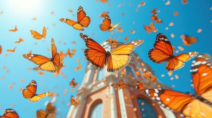 Monarch butterflies swarm near a church under a bright sunny sky.