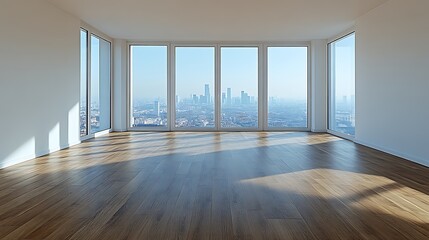 Obraz premium Empty room with panoramic windows and city view, wooden floor and white walls