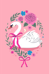 Postcard or poster with a swan and flowers. Vector graphics. © Екатерина Зирина
