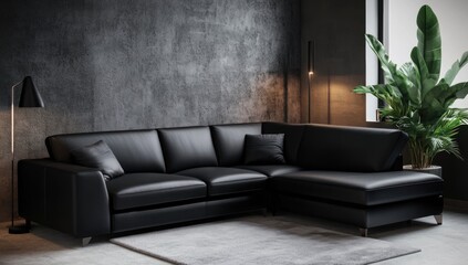 Modern black sectional sofa in a dark room with plant. Interior design