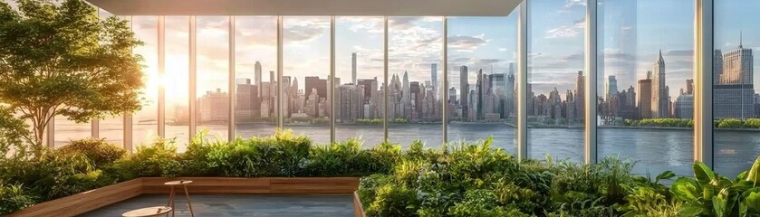 Corporate lounge area with modern eco-friendly design new york city interior photography urban landscape bright and inviting space