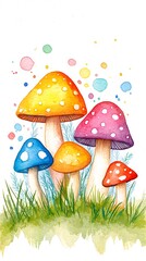 Whimsical Rainbow Mushrooms in Grassy Meadow. A cheerful watercolor painting of colorful mushrooms in a field.