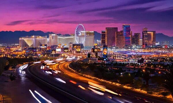 A desert road leading to Las Vegas with the city lights shining in the distance at dusk