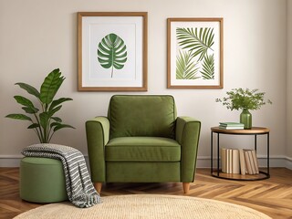 Modern green living room with sofa and contemporary furniture