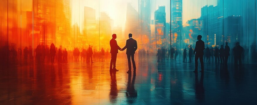 Future Engineering Teamwork Double Exposure in Cityscape with Hands Uniting and Blueprint Plans