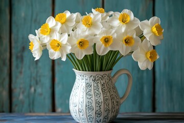 Daffodils arranged in a decorative vase on a rustic wooden surface