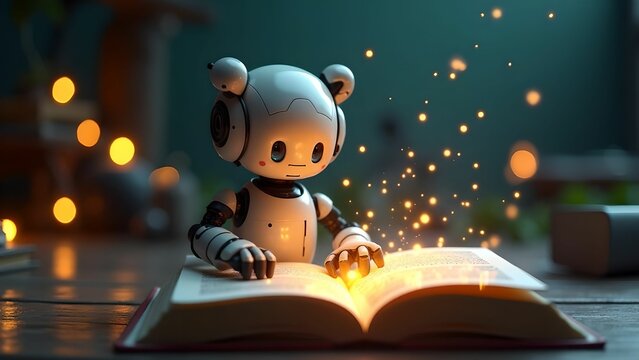 Robot reading a book in the library. Magic book with refreshment