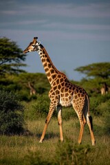 there is a giraffe walking through the grass in the wild