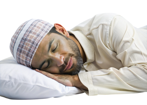 Close-up of a Muslim man in serene sleep, wearing a traditional cap and resting comfortably