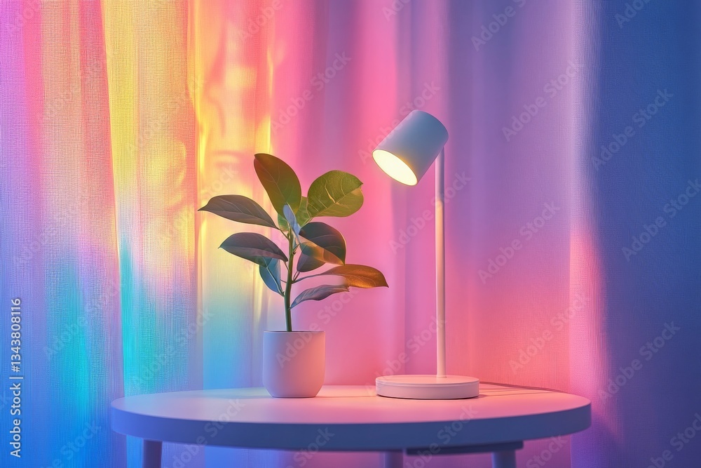 Poster Soft light illuminates a plant on a table against a colorful curtain backdrop during evening hours