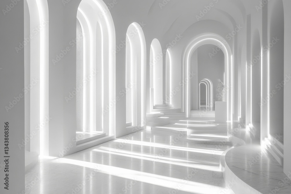 Poster Bright white corridor with arches and soft lighting in a modern architectural space