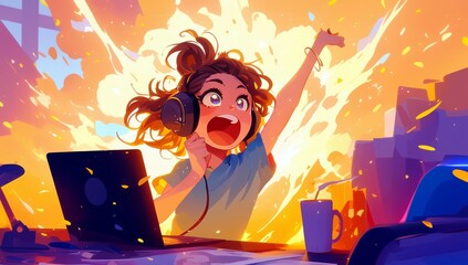 Enthusiastic Gamer Celebrating Victory with Colorful Background