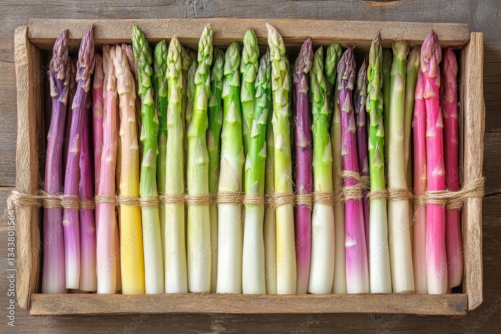 Poster vibrant varieties of asparagus arranged in a rustic wooden crate on a wooden table