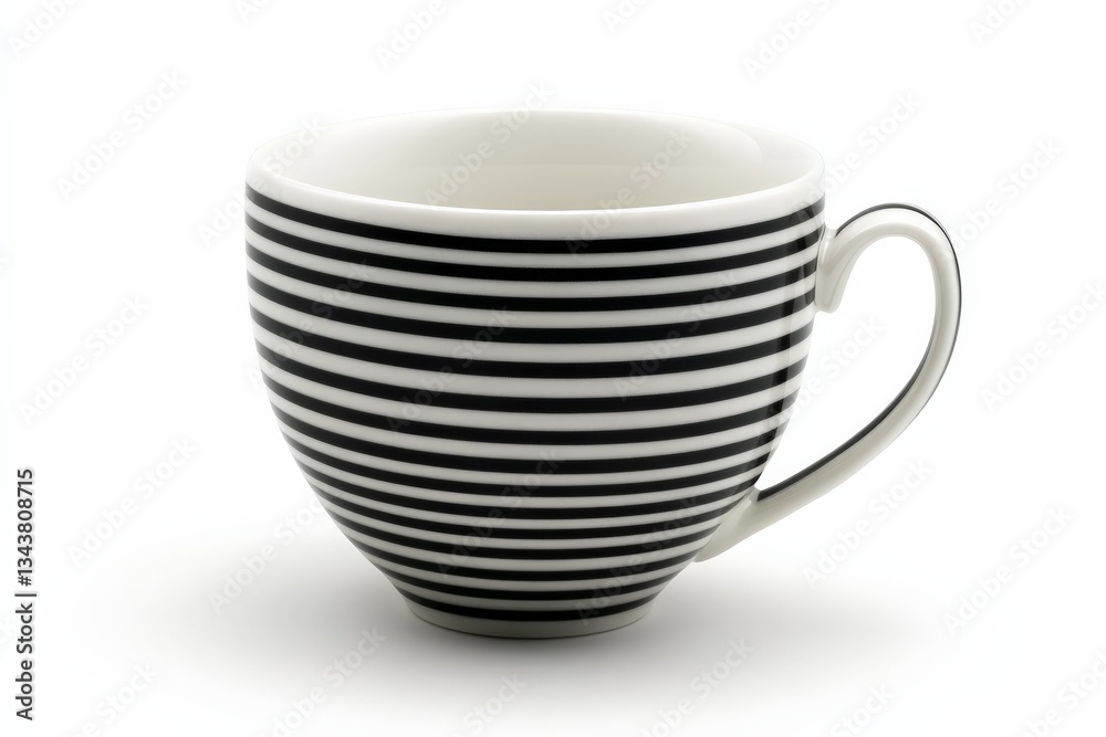 Poster striped ceramic cup with black and white patterns on a smooth surface under soft lighting