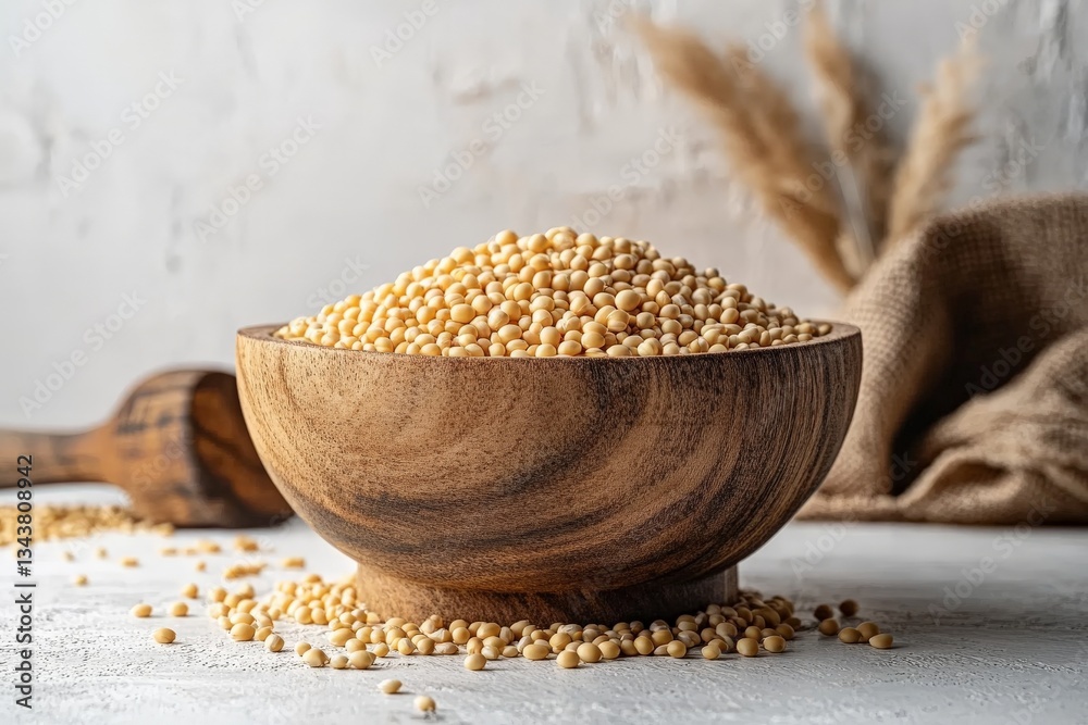Poster sorghum grain in wooden bowl placed on textured surface with burlap and decorative plants in backgro