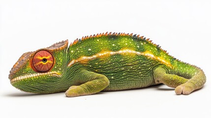 Obraz premium A vibrant green chameleon resting on a white surface, showcasing its intricate scales and striking eyes