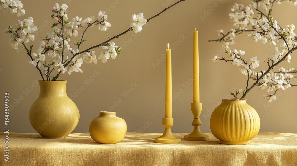 Poster a tranquil setting features beautifully arranged yellow vases with delicate branches of blossoms, ac