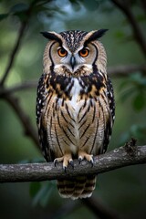 there is a owl sitting on a branch with a green background