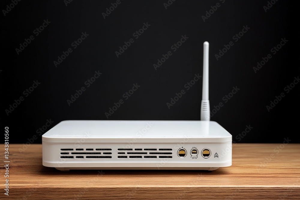 Aufkleber modern wireless router positioned on wooden surface against a dark background highlighting its sleek