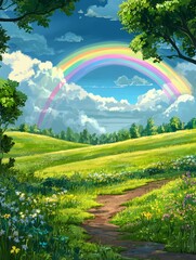 Obraz premium Colorful rainbow arches over peaceful green landscape.
