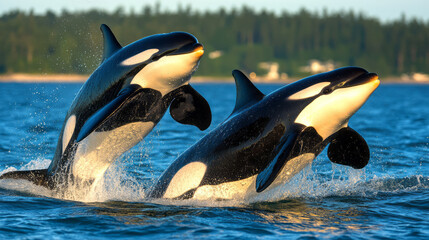 Obraz premium Dramatic socialist realism photograph depicting orcas swimming closely together, highlighting