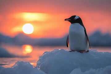 Fototapeta premium Photorealistic penguin standing on iceberg at sunset