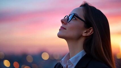 Young woman in glasses gazing upward at a colorful sunset with city lights in the background