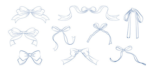 Ribbons and various bows, hand drawn in blue ink. For invitations to weddings, parties, birthdays, holidays, Christmas, Valentine's Day. Vector illustration. Isolated.