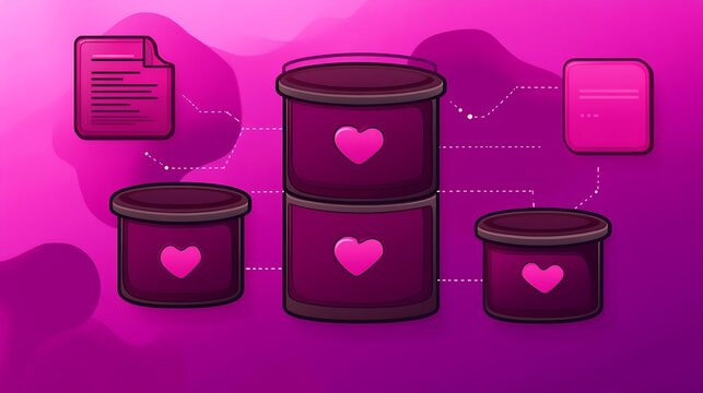 Digital data storage containers with hearts connected by dashed lines