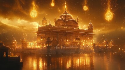Obraz premium Surreal golden temple with floating symbols in the sky, glowing divine aura 