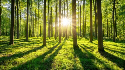 Obraz premium Sunlight Streaming Through Lush Green Forest Trees and Grass Floor