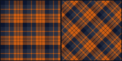 Dark blue orange tone plaid seamless pattern vector. Background graphic tartan fashion design use for print, texture, cloth, fabric, flannel.