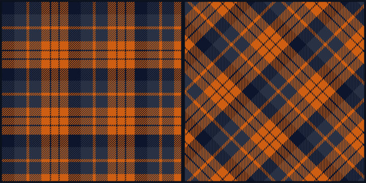 Dark blue orange tone plaid seamless pattern vector. Background graphic tartan fashion design use for print, texture, cloth, fabric, flannel.