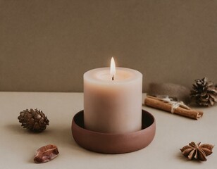 A still life composition featuring three honey wax candles wrapped in twine, resting on a wooden base with pine cones and a woven ball. Ideal for creating a cozy and relaxing atmosphere