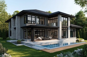 Fototapeta premium Modern luxury home with a large pool and elegant landscaping.