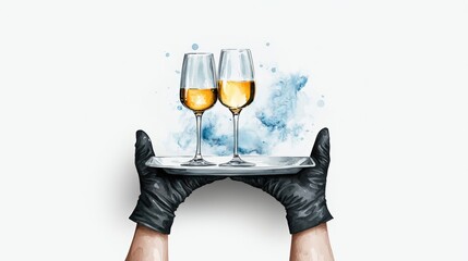 Elegant image of two sparkling glasses on a silver tray, showcasing fine dining and celebration vibes with artistic flair.